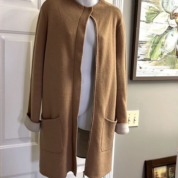 Ann Taylor Oversized Camel Tan/ Cream Cardigan Jacket w/ Pockets & Zipper-Small - Picture 9 of 12